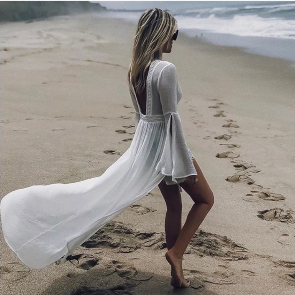 New Boho Flowy Mesh Lace Tie Maxi Kimono Dress Duster Jacket Robe Swim Cover Up - Picture 5 of 16